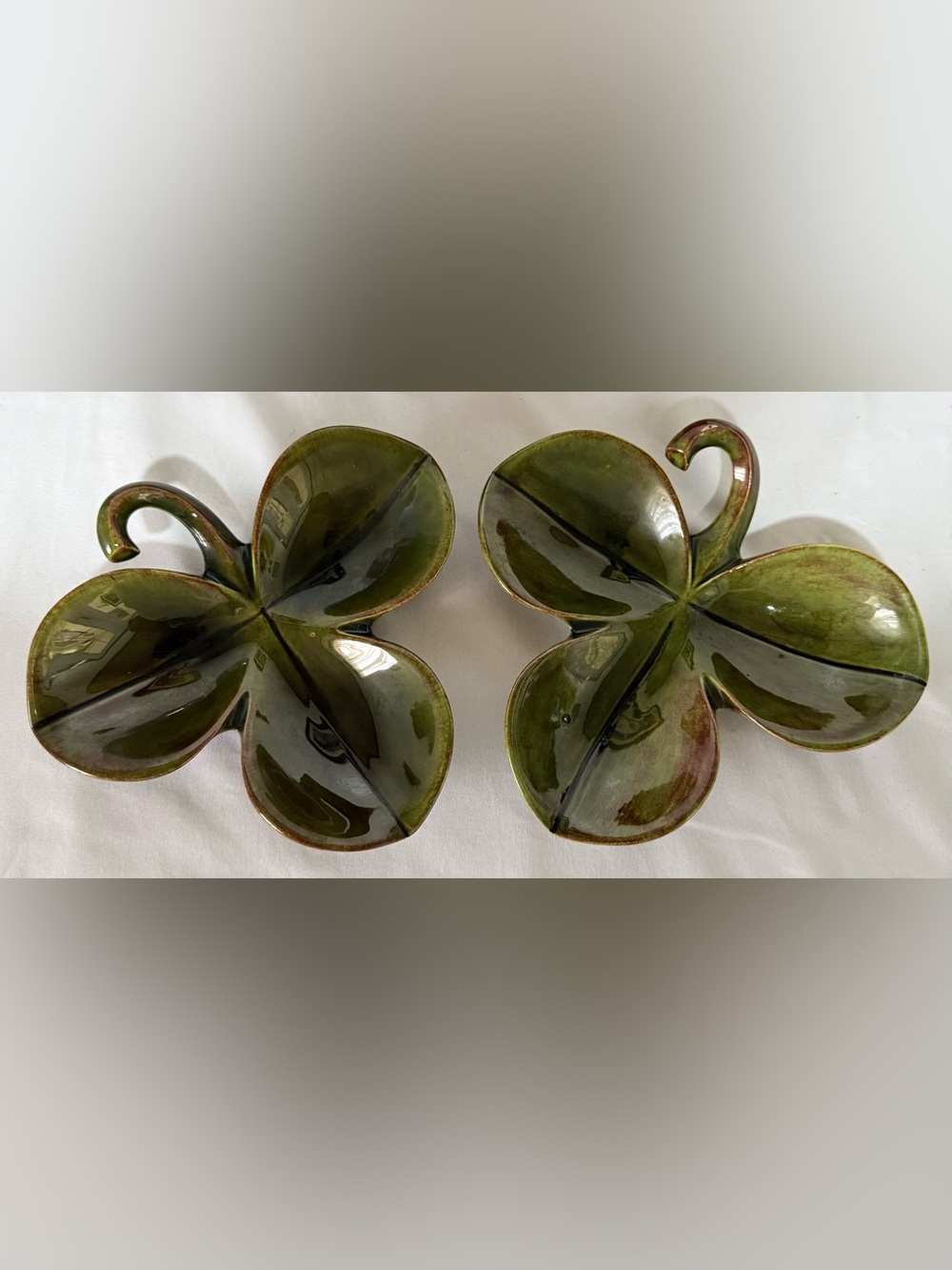 Vintage Atlantic Mold Green Ceramic Shamrock Clover Shaped Dishes Marked JH